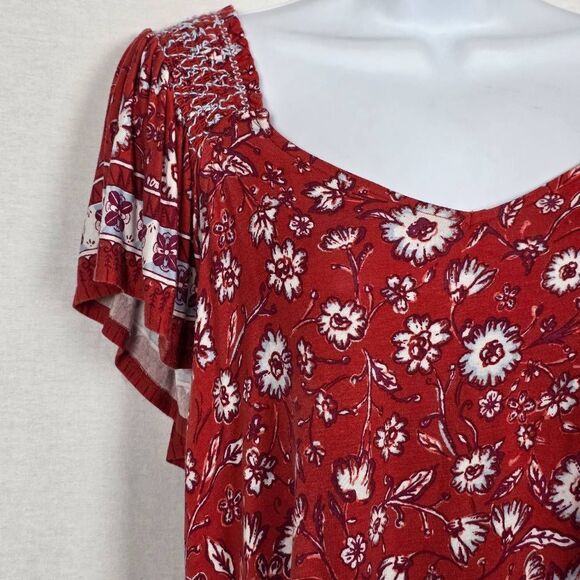 Maurices Red Floral Smocked Sleeve Top XL - Picture 3 of 9